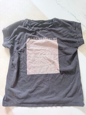 All Saints Black Tee with Faded Pink Graphic
